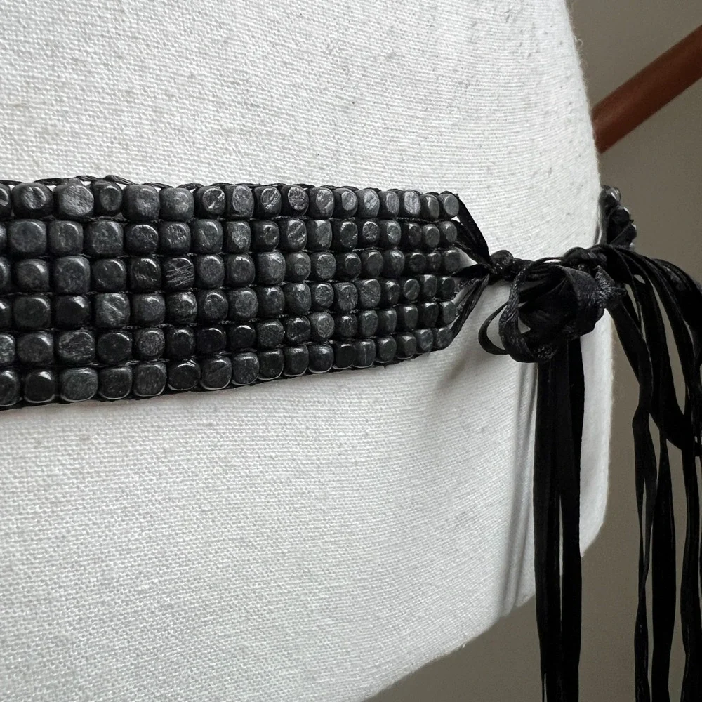 Vintage Beaded Waist Belt One Size Black Wood Cube Tie Closure Boho Western Goth